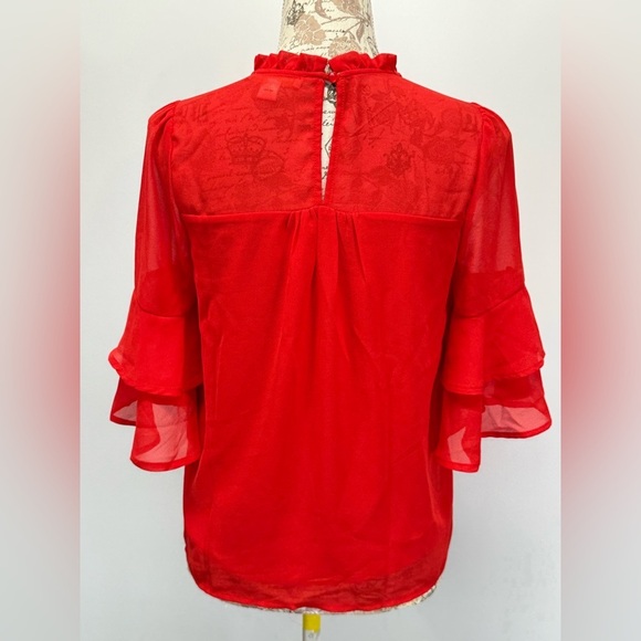 MONTEAU Cherry red sheer ruffle sleeve top size S. - Picture 4 of 13